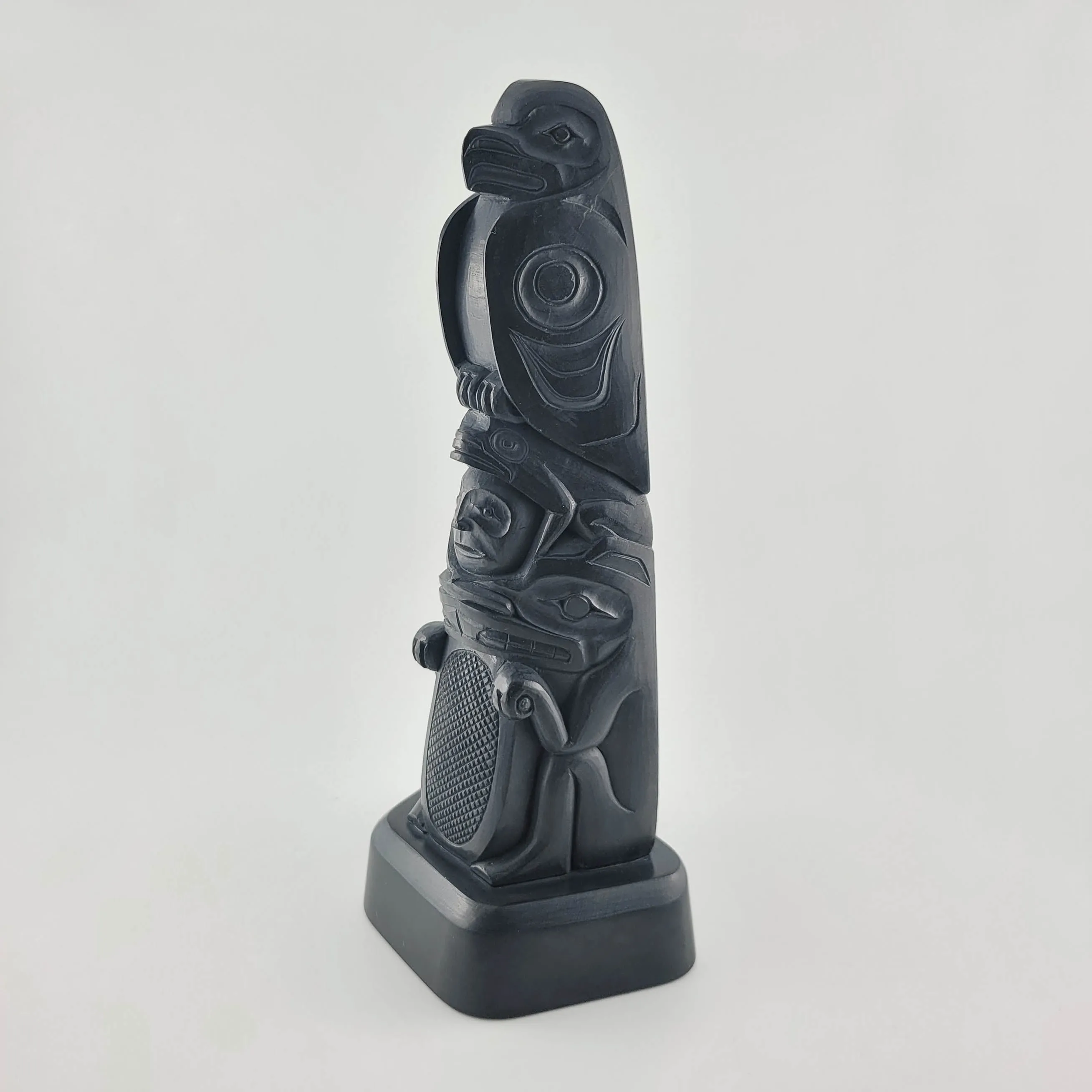 Argillite Eagle, Frog, Human and Beaver Totem Pole
