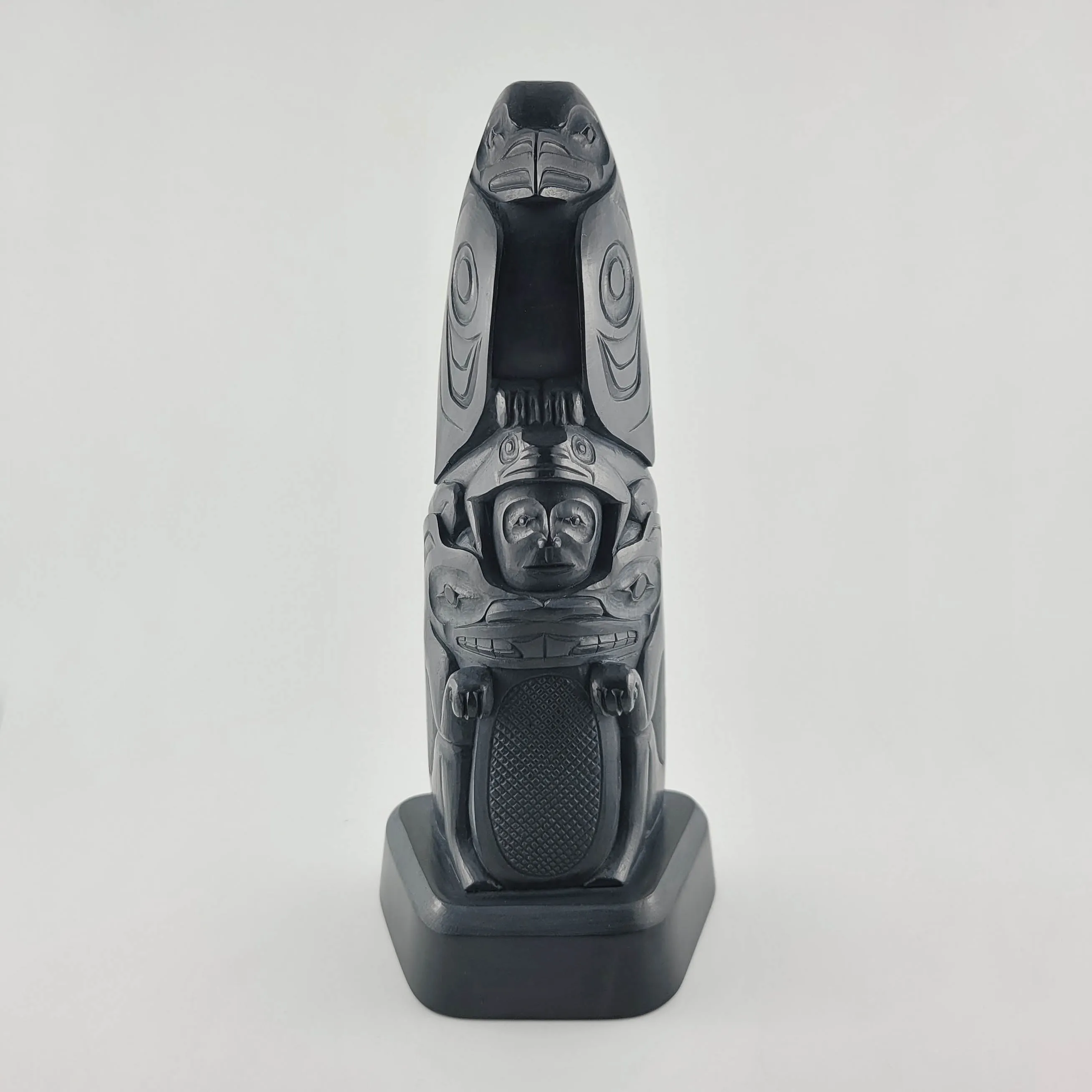 Argillite Eagle, Frog, Human and Beaver Totem Pole