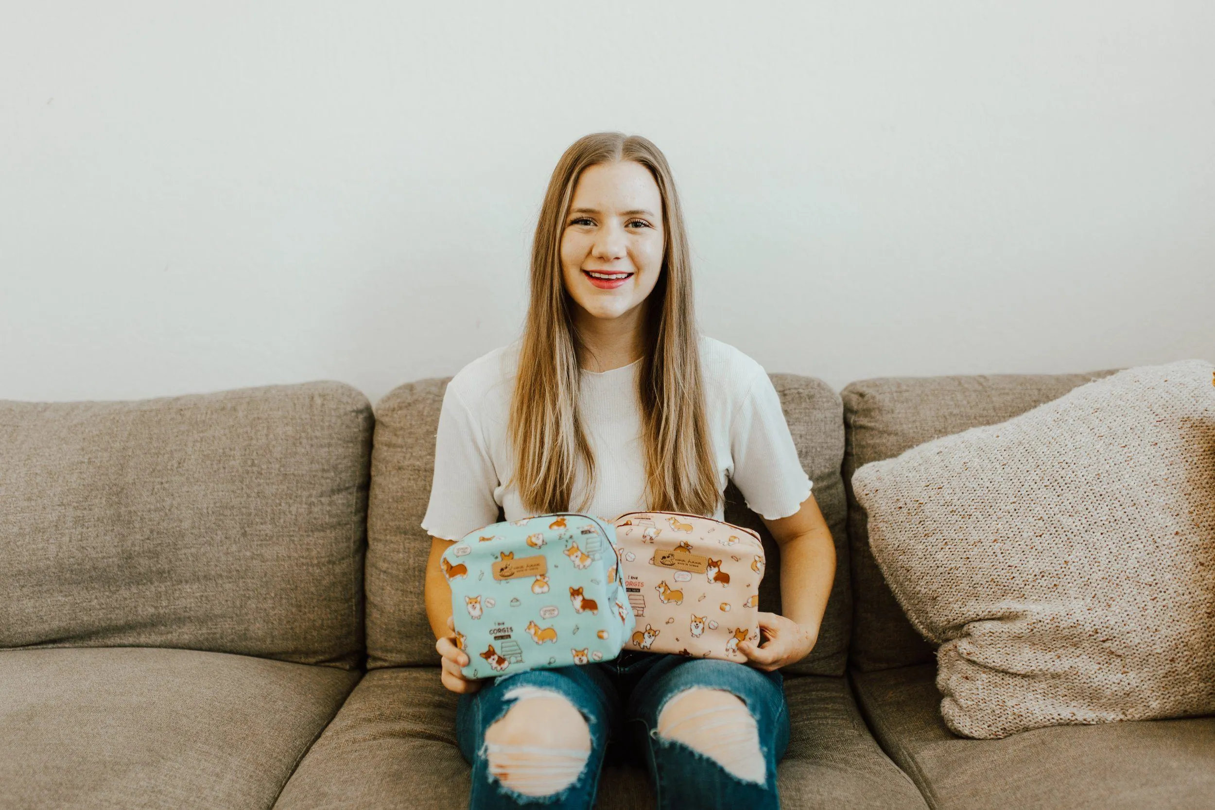 Blue Snow Corgi Cube Cosmetic Bag