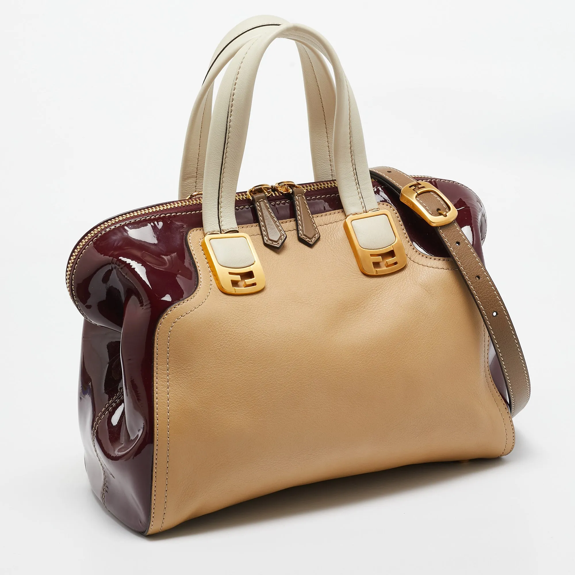 Fendi Red/beige Patent And Leather Chameleon Satchel