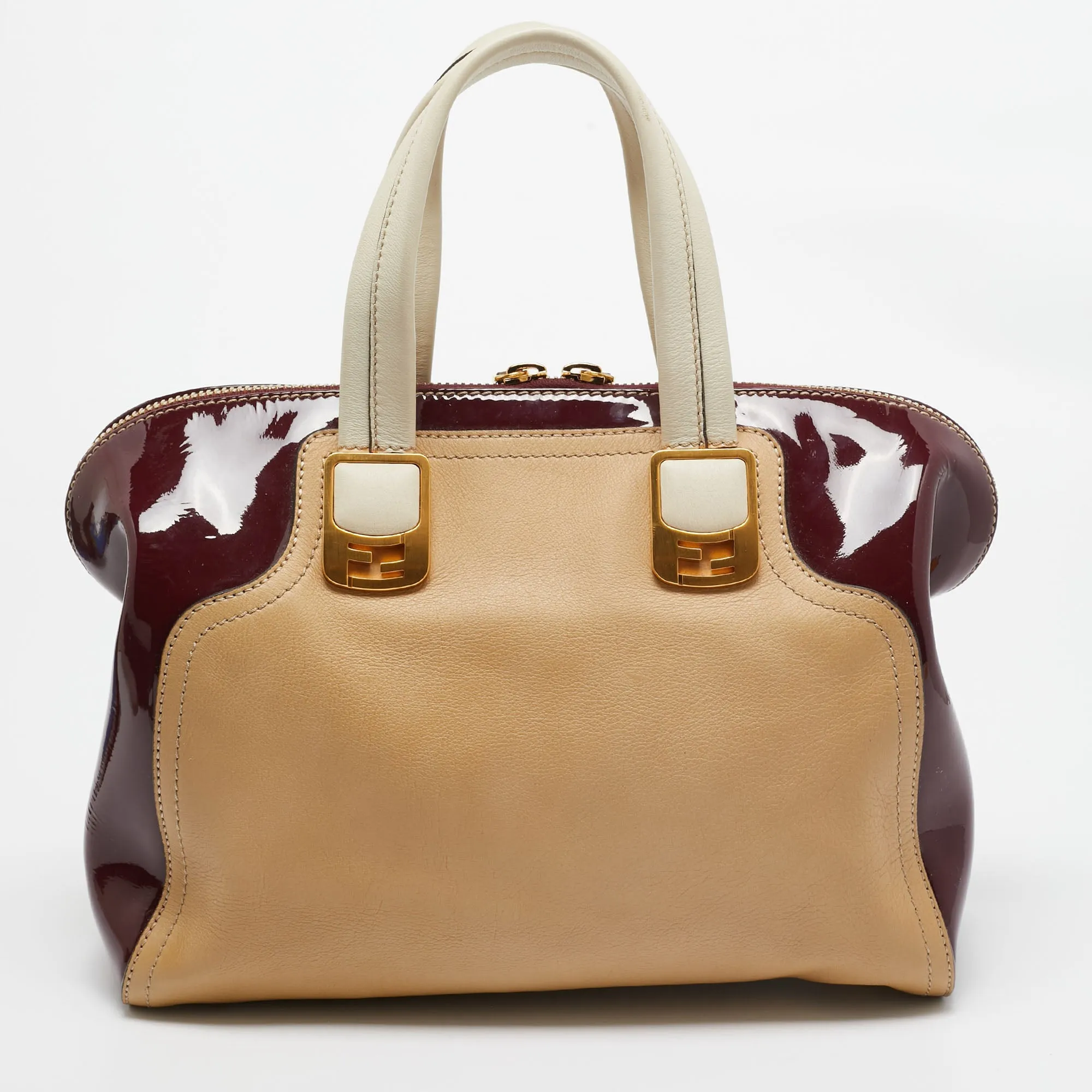 Fendi Red/beige Patent And Leather Chameleon Satchel