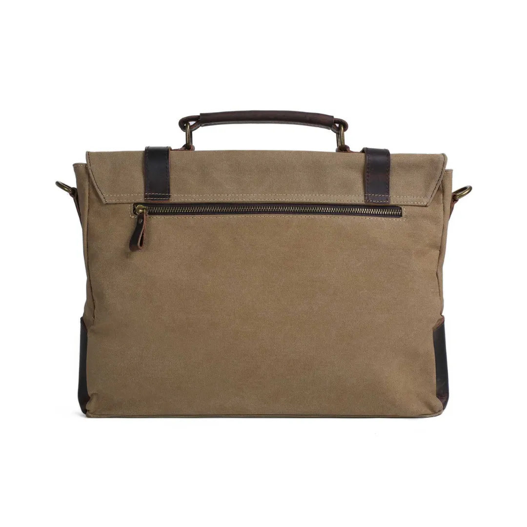 Handmade Waxed Canvas with Leather Briefcase Messenger Bag - Khaki
