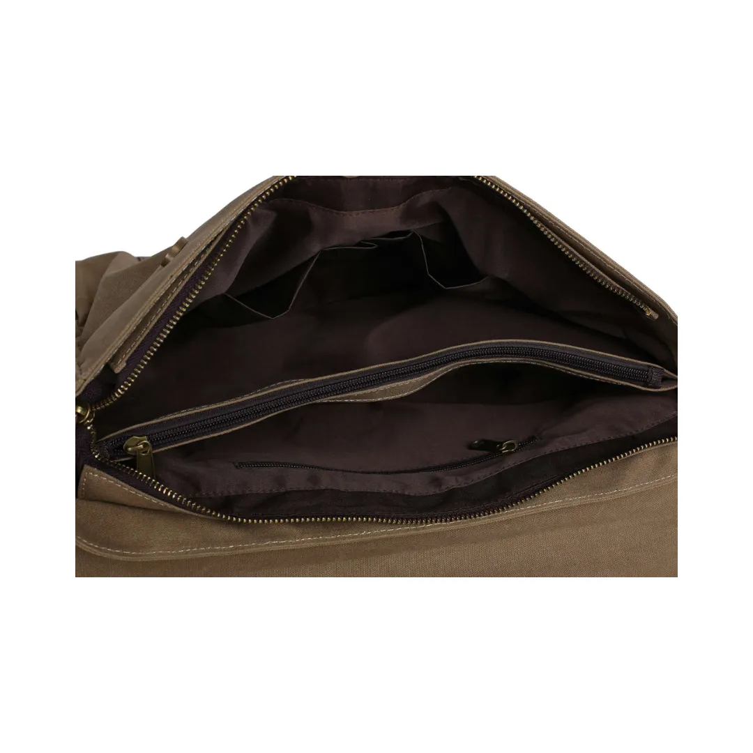 Handmade Waxed Canvas with Leather Briefcase Messenger Bag - Khaki