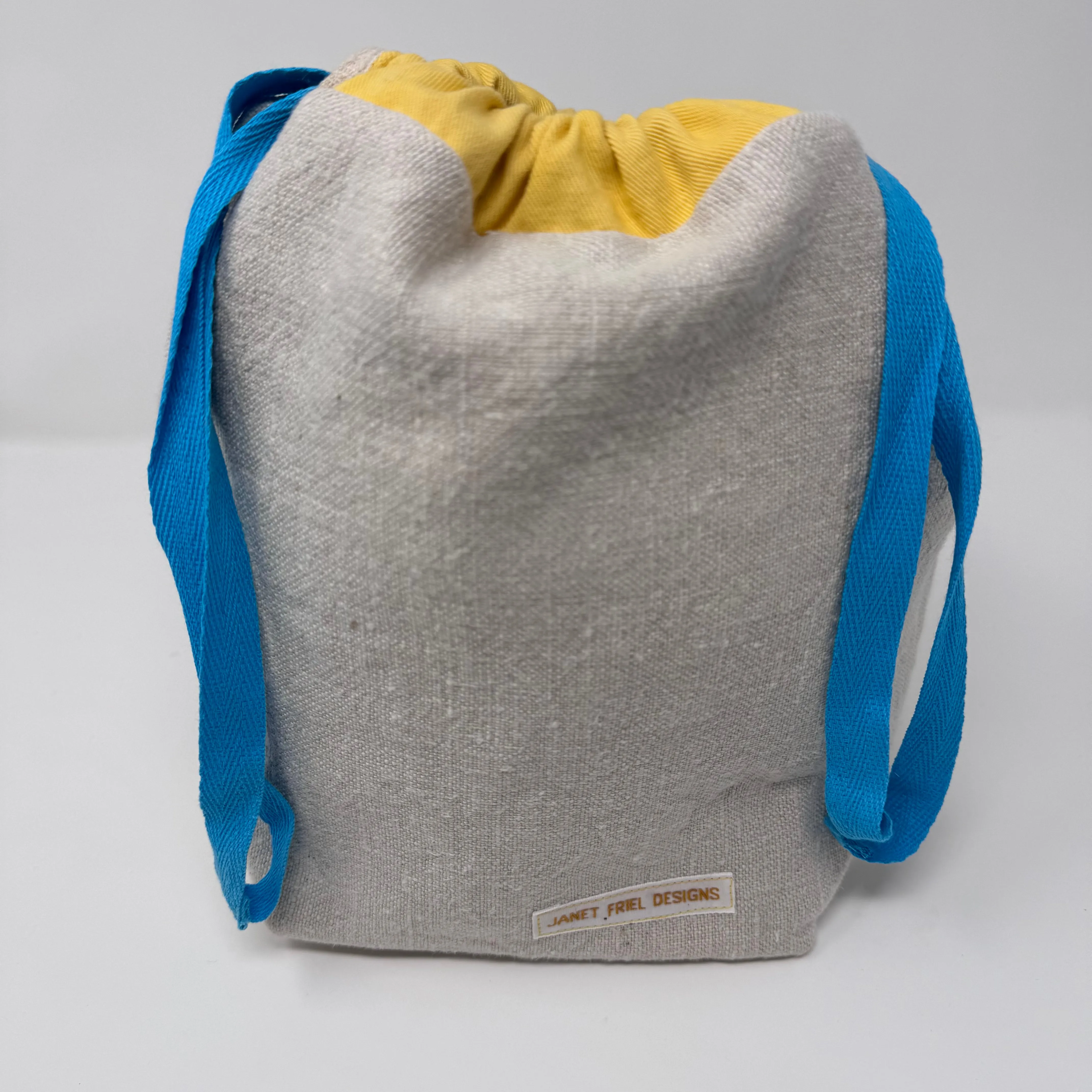 Medium Handmade Drawstring Project Bag – Undyed Linen with Accents