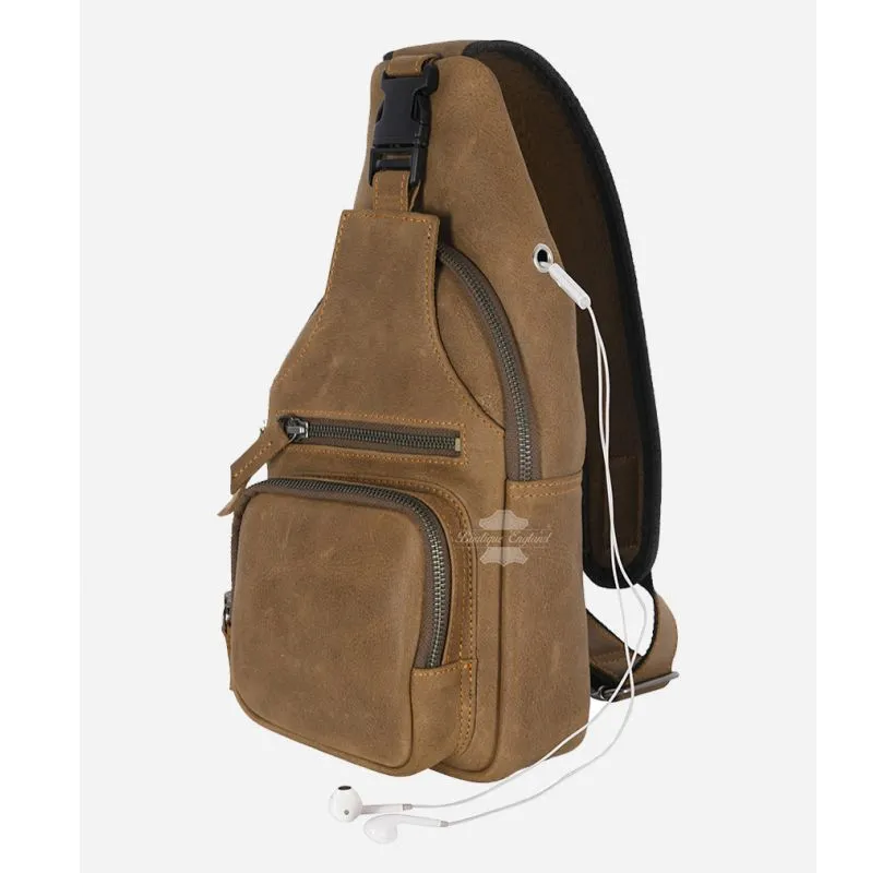 Men's SLING BAG Crossbody Antitheft Bag Tan Vintage Leather
