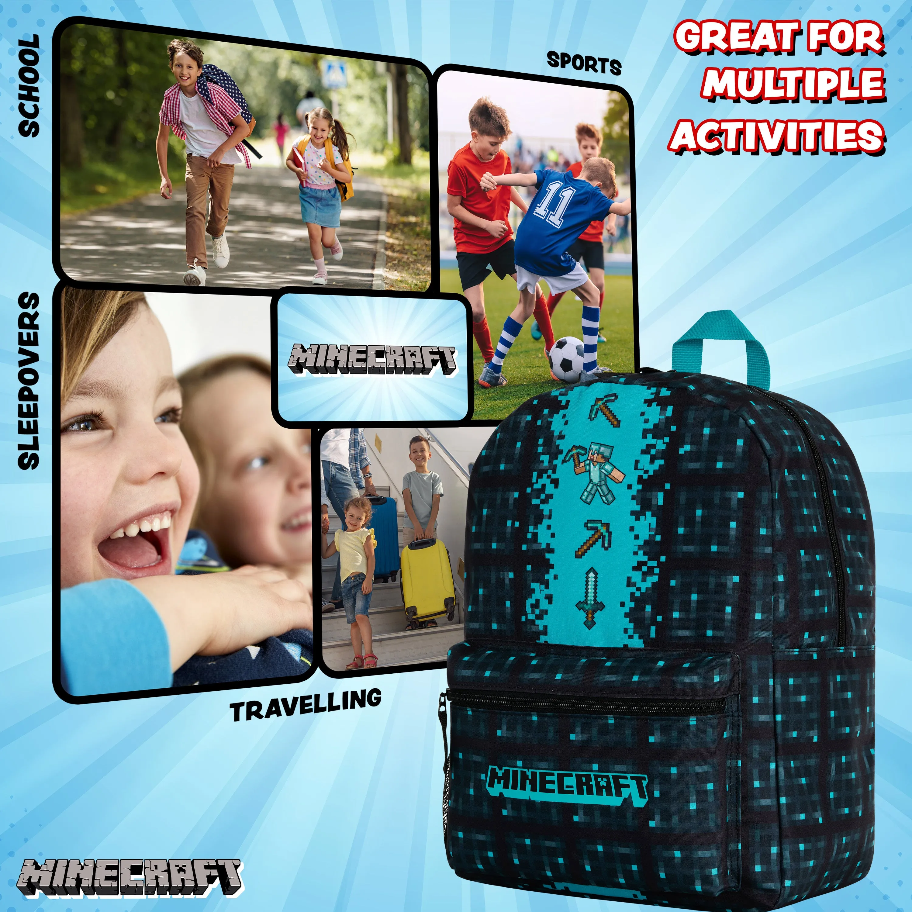 Minecraft School Bag Boys and Girls, Kids Backpack (Blue)