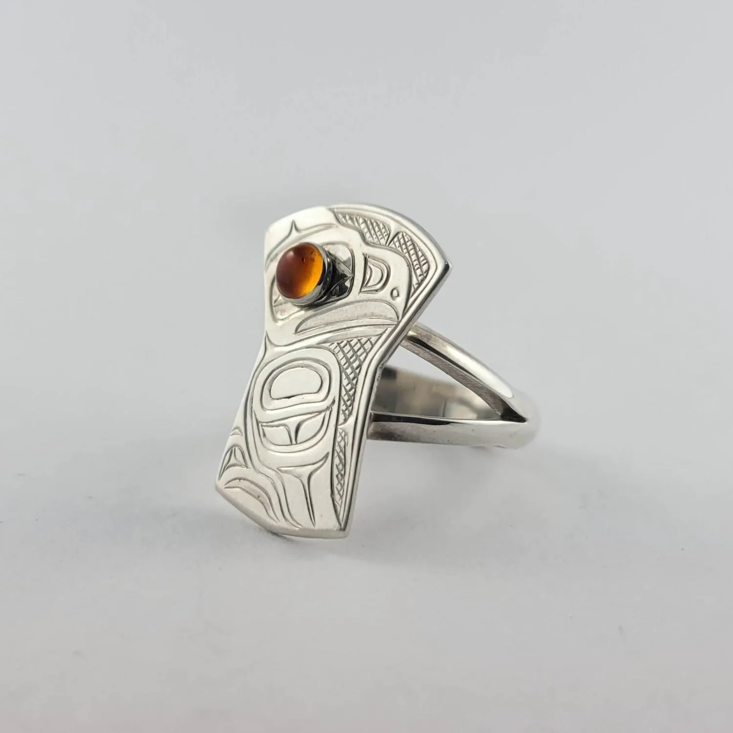 Silver and Amber Copper Shaped Eagle Ring