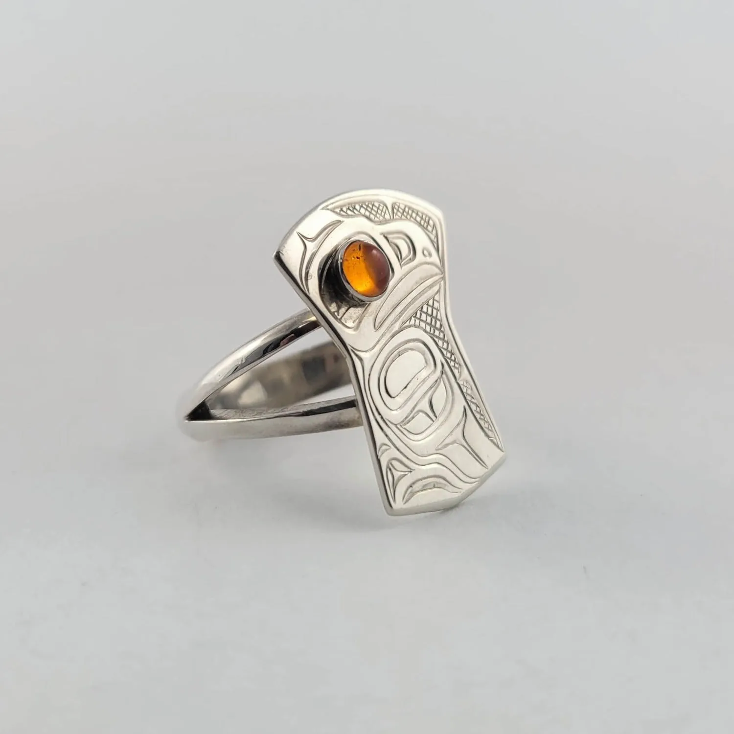 Silver and Amber Copper Shaped Eagle Ring