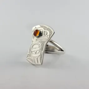Silver and Amber Copper Shaped Eagle Ring