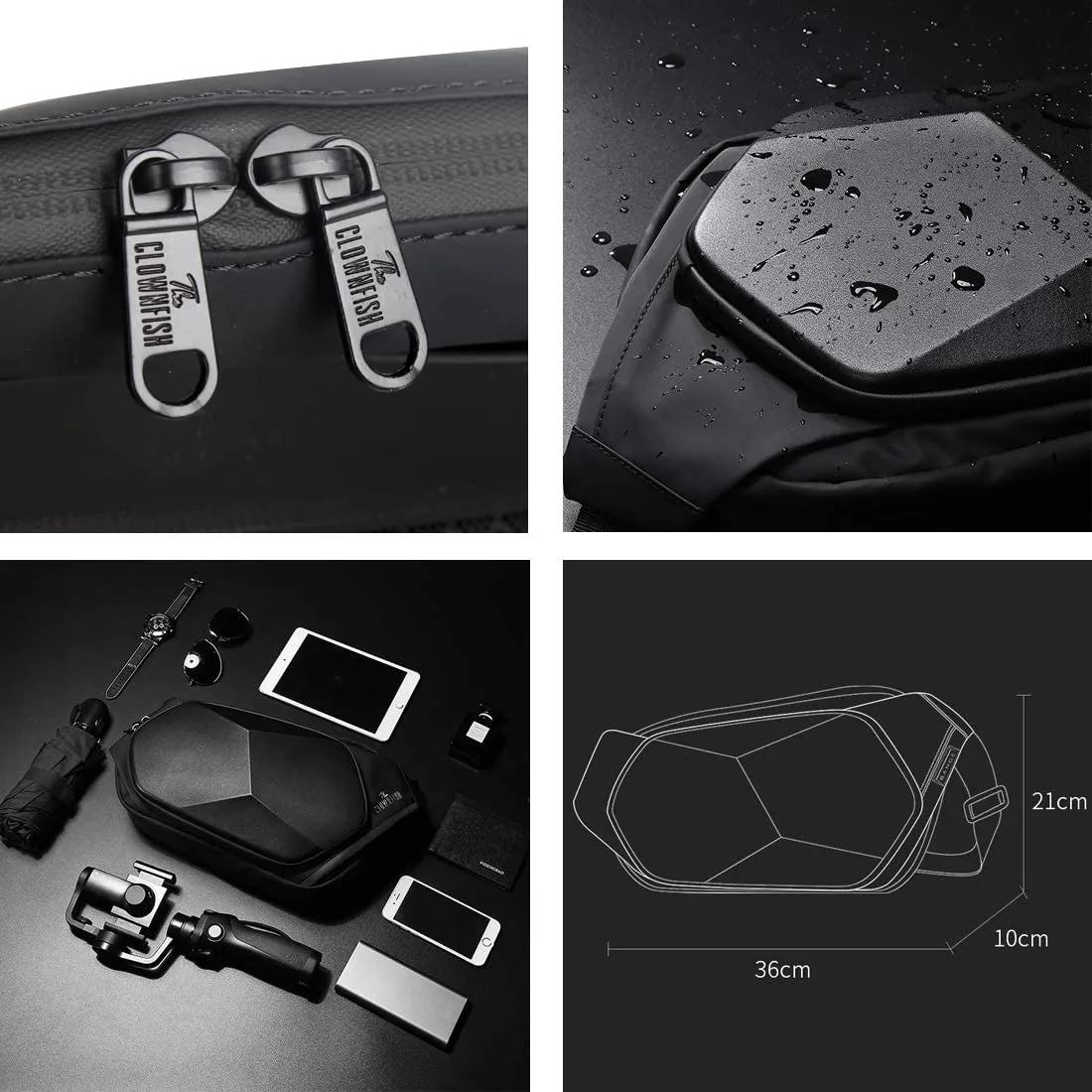 THE CLOWNFISH Hard Shell Sling Bag - Water Repellent, Anti-Theft | Tablet Compartment | 21x10x37 cm | Black