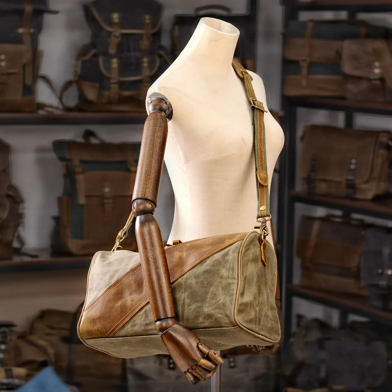 Waterproof Waxed Canvas Messenger Bag with Genuine Leather